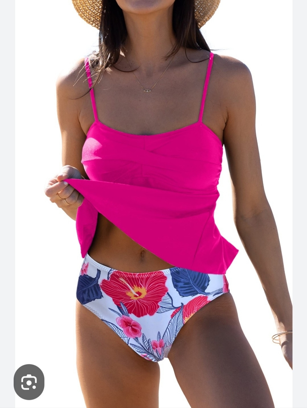 Hot Pink Tankini Top with Floral Bikini Bottoms - Women Swim Bikini Set